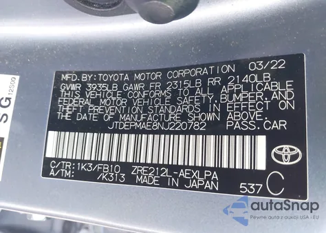 2022 Toyota Corolla Le from USA, damaged, VIN JTDEPMAE8NJ220782
